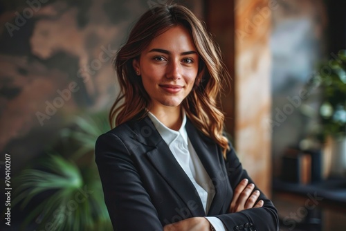 A confident woman exudes power and sophistication in her tailored suit, with a hint of a smile on her face as she stands against a dark wall, showcasing her impeccable fashion sense photo
