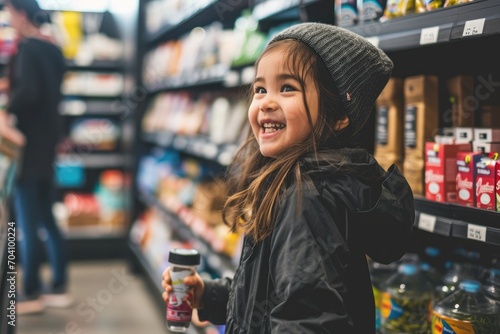 A cheerful young woman radiates joy while shopping for a soft drink at a bustling convenience store in the city