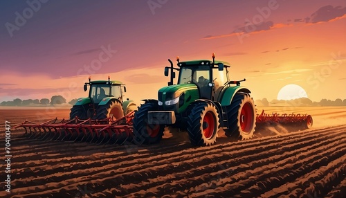 Agricultural workers with tractors. Ploughing a field with tractor at sunset. Generative AI