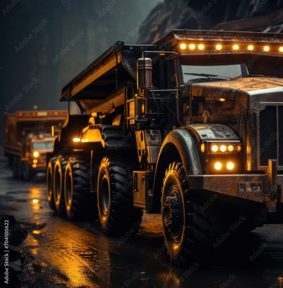 Obraz premium Large Dump Truck Driving Down Wet Road in Quarry Generative AI