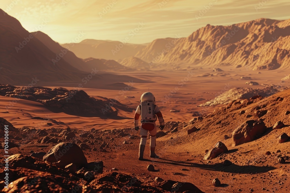 A lone astronaut traverses the rugged landscape of a martian badlands ...