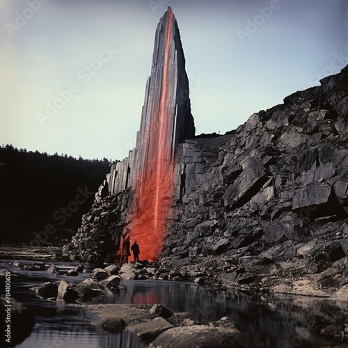 Two People Standing in Front of a Tall Rock Formation That Has a Red Stripe Running Down the Middle photo