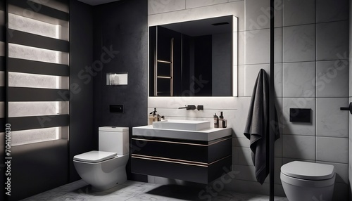 Black minimalist bathroom interior design. 3D Rendering. Generative AI