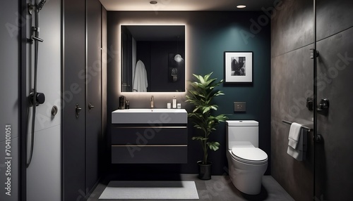 Black   white bathroom interior with bath and shower. Generative AI