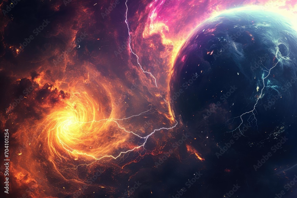 A cosmic storm raging on a giant gas planet With swirling colors and lightning strikes - obrazy, fototapety, plakaty 