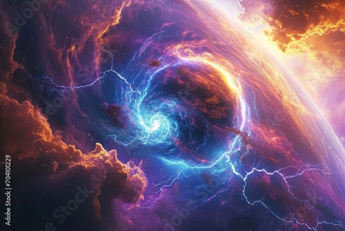 A cosmic storm raging on a giant gas planet With swirling colors and lightning strikes