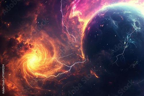 A cosmic storm raging on a giant gas planet With swirling colors and lightning strikes