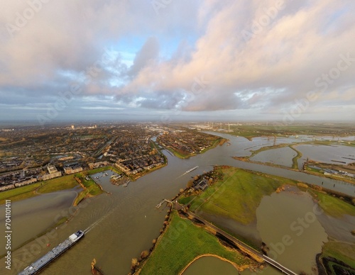 High water in the Lek channel near Vianen and Vreeswijk with drone photo