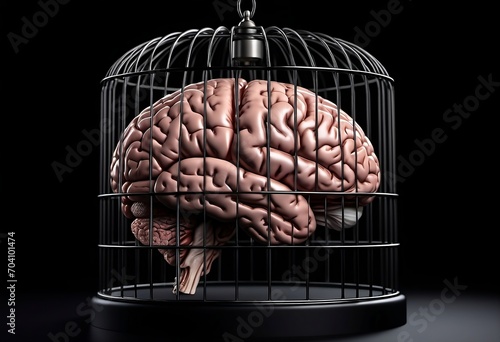 Psychiatry and psychology, helpless mind and hopeless mental state, consciousness and depression conceptual idea with a human brain in a dark cage isolated on black background. Generative AI