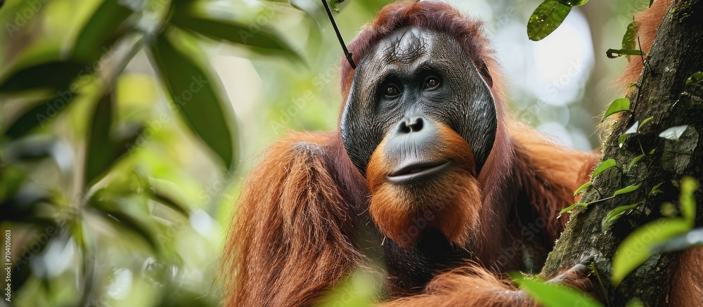 Obraz premium Encounter the captivating primate from Southeast Asia's lush rainforests - the Orangutan (Pongo pygmaeus).