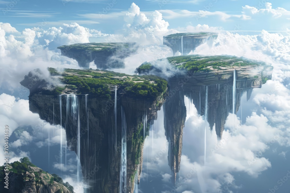 A science fiction landscape of a planet with floating landmasses and cascading waterfalls - obrazy, fototapety, plakaty 