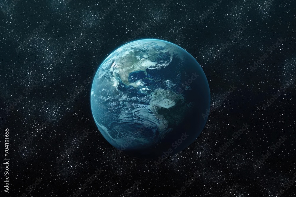 Obraz premium A serene view of a habitable exoplanet with blue oceans and green continents from space