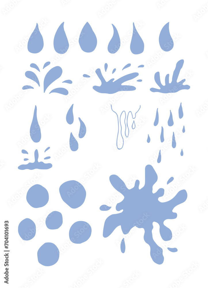 Water drops of different shapes, splashes set. Liquid droplets isolated on white background. Vector illustration.