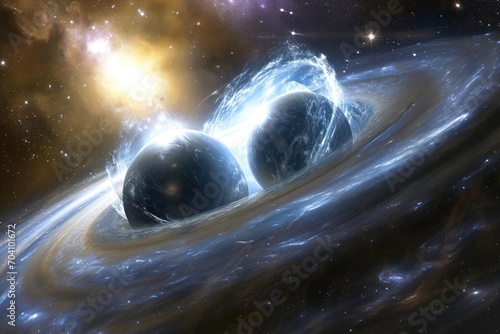 A stunning portrayal of a binary star system with intertwined gravitational waves