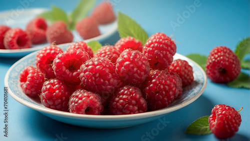 Plate with red ripe raspberries