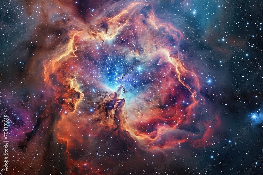 An intricate nebula formation resembling a cosmic rose With layers of gas and dust