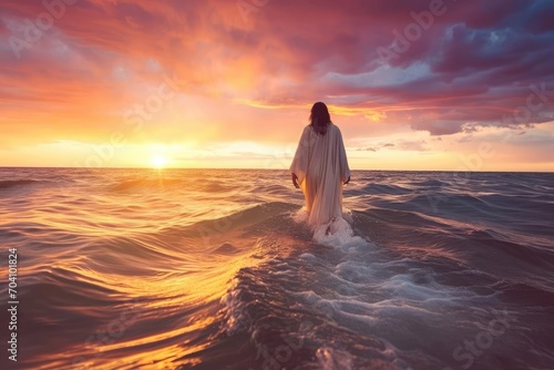Jesus walking on water during a breathtaking sunrise With gentle waves and a vivid sky