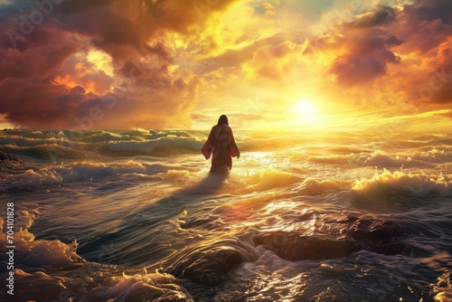 Jesus walking on water during a breathtaking sunrise With gentle waves and a vivid sky © Bijac