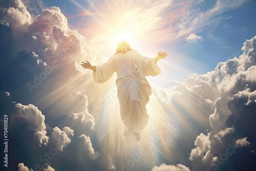 The ascension of jesus christ into heaven With a radiant light and clouds