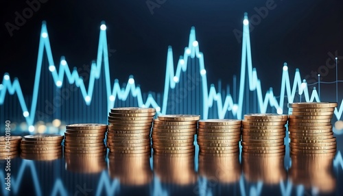 Double exposure of graph, stock display and rows of coins for finance and banking concept