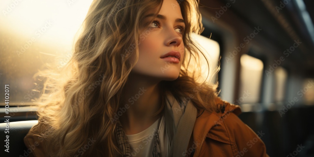 Woman With Long Hair Sitting on a Bus Journey of a Caucasian Female Generative AI Woman With Long Hair Sitting on a Bus Journey of a Caucasian Female Generative AI