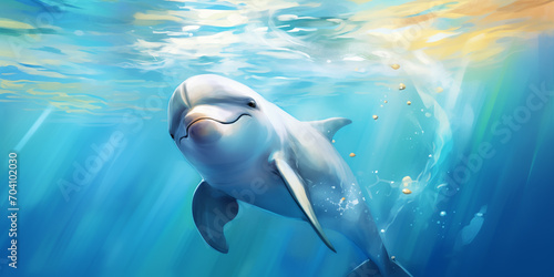 Cute smiling dolphin swimming in blue water