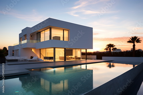 Modern house with swimming pool and sunset in the background