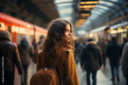 Woman With Backpack Waiting for Train at Subway Station Generative AI
