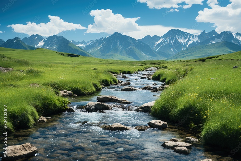 majestic mountain river flowing through grassy valley