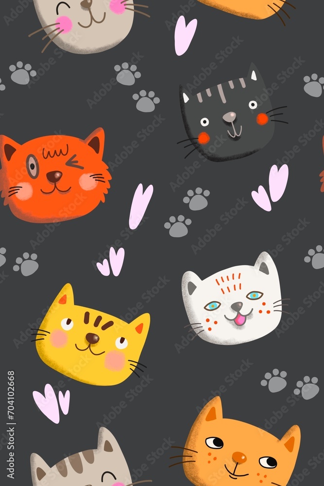 Cute cat cartoon doodle seamless pattern