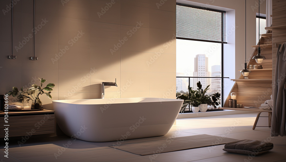 cuarto de baño moderno y espacioso con bañera, estantería de madera y gran ventanal con vistas cuarto de baño moderno y espacioso con bañera, estantería de madera y gran ventanal con vistas
