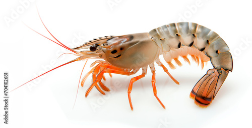 Tiger shrimp side view on white background.