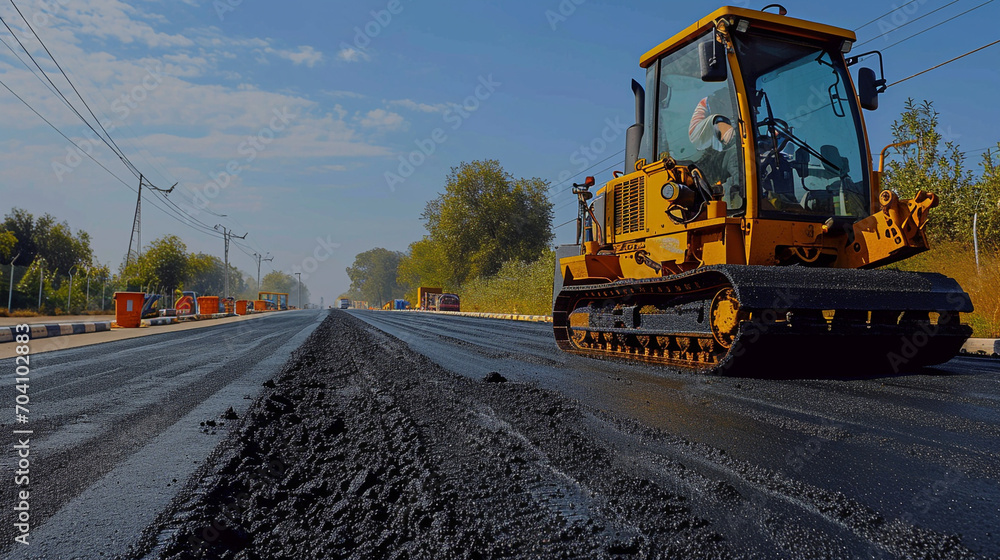 Road construction workers and road construction machinery scene. Highway construction site landscape. Copy Space. Road construction workers and road construction machinery scene. Highway construction site landscape. Copy Space.