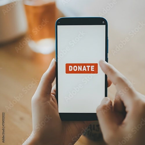 a hand with a finger pressed on the donate icon button on the screen of a samrtphone on a wooden table. photo