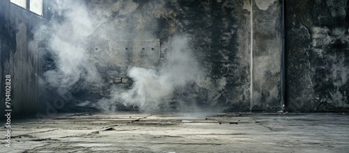 Dark grey wall background with abstracts in an empty workplace, covered in dust, resembling old cement or plaster, with a vintage overlay of smoke, fog, and texture. photo