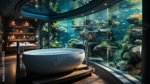 Underwater hotel room with a large curved window looking into a coral reef