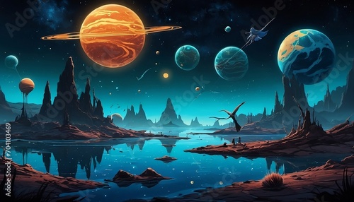 Fényképezés Surreal exoplanet cool planet where fish fly and birds swim, bioluminescent water ponds, the sky is night starry cosmos planets, scary, ugly, weird