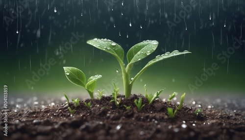 Plants growth - Young small sprouts, plants growing up on ground with raining drops save life. Ecology. Environmental. Generative AI