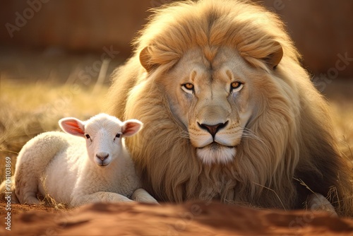 lion and sheep lying together, peace concept © neirfy