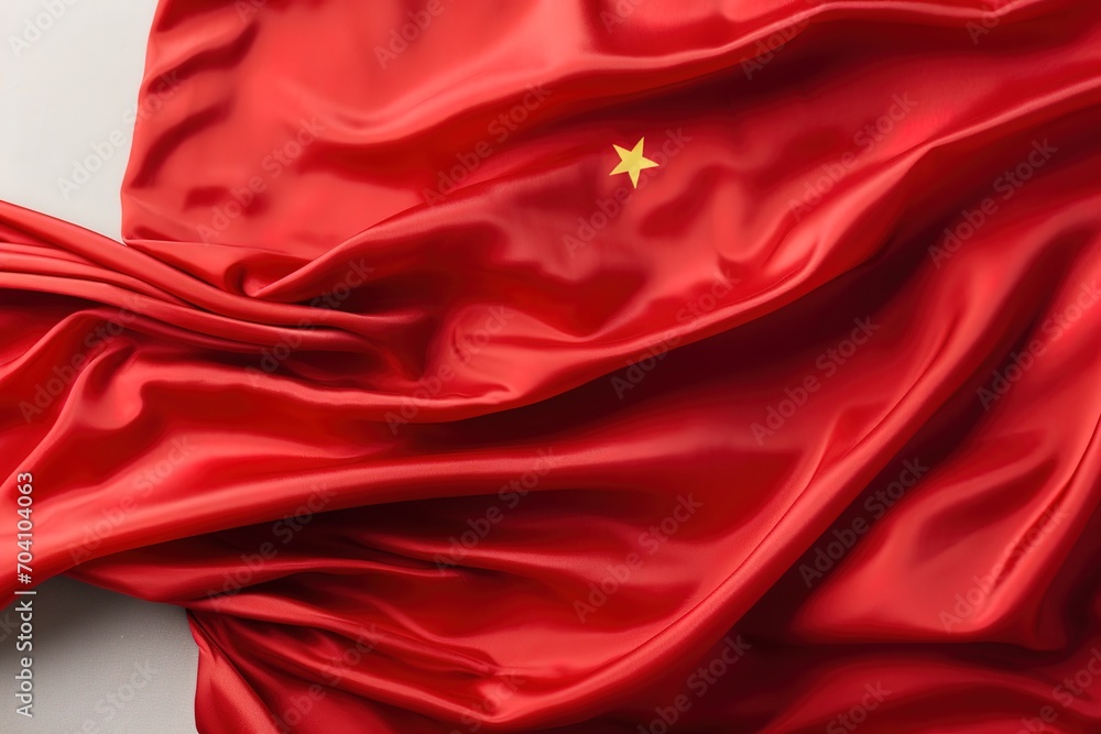 Red Chinese flag made of silk with a gold star Red Chinese flag made of silk with a gold star