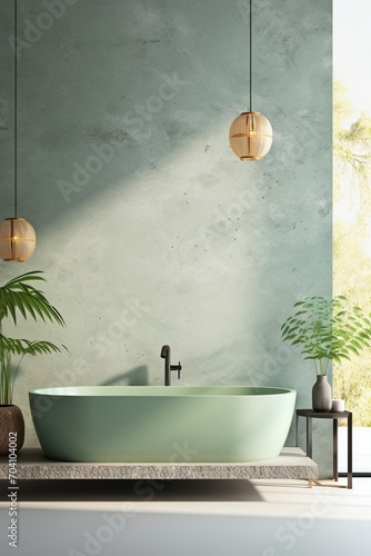 Bathroom with green bathtub and plants photo