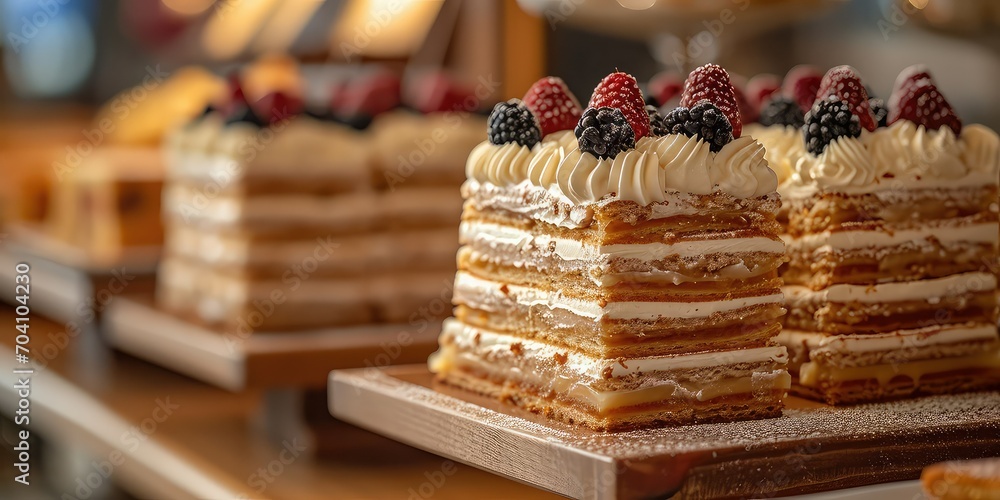 Pohorska Gibanica Culinary Charm, A Visual Tapestry of Layered Pastry Bliss - Harvesting Traditional Flavors in Every Delectable Bite - Alpine Whimsy - Soft, Natural Lighting Enveloping the Culinary