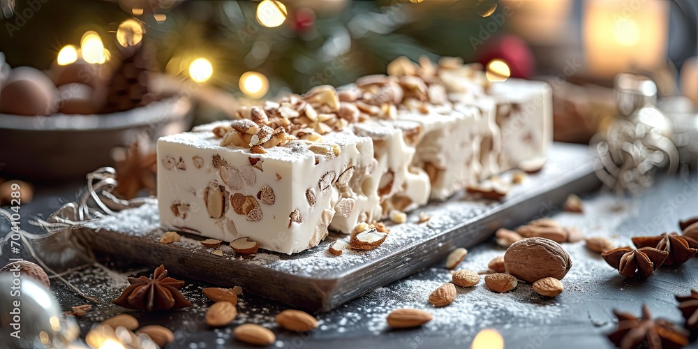 Mandorlato di Cologna Culinary Charm, A Visual Symphony of Almond Nougat - Capturing Sweet Elegance in Every Traditional Bite - Festive Warmth - Rich and Cozy Lighting Setting the Stage