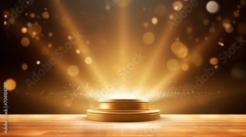 glittery background The trophy stage shone brightly with beams of light and golden sparks shining down gracefully. Perfect for events or occasions that require sophistication and grandeur.