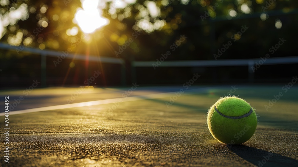 Tennis ball on a court with sunrise in the background
