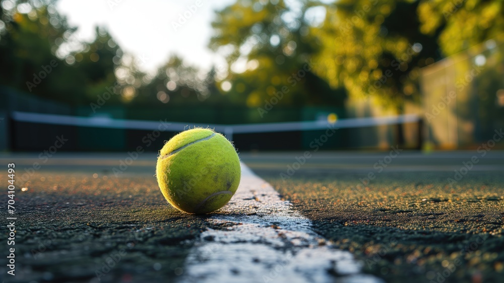 Tennis ball on the court line, early morning light
