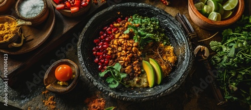 Mexican dish from Puebla with walnut chile and pomegranate representing Mexican flag in September.