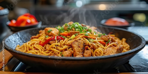 Yakisoba Culinary Delight  A Visual Feast of Stir-Fried Noodles  Capturing Savory Fusion Flavors in Every Tasty Bite - Asian Fusion Vibe - Dynamic Lighting Showcasing the Vibrancy of Culinary Fusion