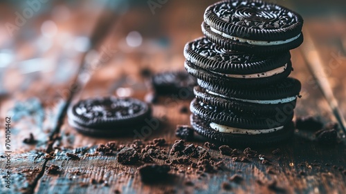 Oreo-like cookies stacked with crumbs around