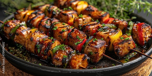 Shashlik Culinary Charm, A Visual Symphony of Grilled Skewers, Marinated to Perfection - Capturing Savory Bliss in Every Bite - Grilling Extravaganza - Bold and Dynamic Lighting Creating Culinary 